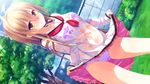  1girl blonde_hair blush bra exhibitionism female futaba_hisui game_cg ichiban_janakya_dame_desu_ka? long_hair nanase_meruchi outdoors panties rosebleu school_uniform see-through skirt skirt_lift solo striped striped_bra striped_panties underwear upskirt wet yellow_eyes 