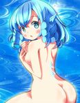  animal_ears ass back bad_id bad_pixiv_id blue_eyes blue_hair blush breasts head_fins humanization looking_back medium_breasts nude oimo_(imoyoukan) open_mouth short_hair solo touhou wakasagihime 