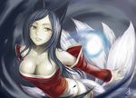  ahri animal_ears black_hair breasts cleavage detached_sleeves energy_ball fox_ears fox_tail highres korean_clothes large_breasts league_of_legends lips long_hair looking_at_viewer mr_yah multiple_tails off_shoulder parted_lips solo tail whisker_markings wide_sleeves yellow_eyes 