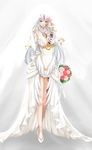  absurdres alisfieze_fateburn_xvi bare_shoulders blush bouquet breasts bride cleavage detached_collar dress elbow_gloves flower full_body gloves hair_flower hair_ornament highres huge_breasts jewelry jing_li long_hair mon-musu_quest! simple_background single_earring sleeveless sleeveless_dress slit_pupils smile solo tattoo very_long_hair wedding_dress white white_background white_hair yellow_eyes 