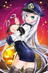  blue_eyes cuffs handcuffs juna long_hair open_mouth police police_uniform pumpkin solo uniform 