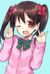  ;d \m/ black_hair blue_background bow cardigan double_\m/ hair_bow looking_at_viewer love_live! love_live!_school_idol_project midorikawa_you nico_nico_nii one_eye_closed open_mouth red_eyes short_hair sketch smile solo sweater upper_body yazawa_nico 