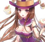  :p arm_strap breasts brown_eyes brown_hair caitlyn_(league_of_legends) cleavage cleavage_cutout cupcake food hat joypyonn large_breasts league_of_legends long_hair solo tongue tongue_out top_hat upper_body very_long_hair white_background 