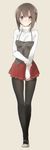  adapted_costume bangs black_legwear brown_eyes brown_hair grey_background hairband kantai_collection long_sleeves looking_at_viewer pantyhose pleated_skirt red_skirt ribbed_sweater shoes short_hair sino_(sionori) skirt solo sweater taihou_(kantai_collection) turtleneck 