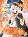  book breasts candy cape cleavage fairy food frills green_eyes green_hair halloween hat hiro_(hirohiro31) holding jack-o'-lantern lollipop long_hair looking_at_viewer medium_breasts minigirl multiple_girls official_art original pointy_ears red_eyes silver_hair size_difference smile witch_hat 