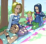  2girls android_17 android_18 blonde_hair blue_eyes child doll dragon_ball dragon_ball_z family father_and_daughter husband_and_wife kuririn marron mother_and_daughter multiple_boys multiple_girls pantyhose picnic shade short_hair sleeping smile uncle_and_niece 