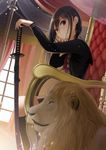  black_hair braid brown_eyes chair katana kentaurosu lion long_hair looking_at_viewer original sheath sheathed sitting solo sword weapon 