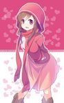  arms_behind_back bad_id bad_pixiv_id boots breasts brown_hair enari hair_ornament hairclip heart hood hoodie kagerou_project leaning_forward long_hair medium_breasts open_mouth red_scarf scarf solo tateyama_ayano 