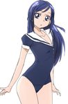  blue_eyes blue_hair casual_one-piece_swimsuit dokidoki!_precure hishikawa_rikka long_hair manji_(tenketsu) one-piece_swimsuit precure sailor_collar sailor_one-piece_swimsuit solo swimsuit white_background white_sailor_collar zipper 