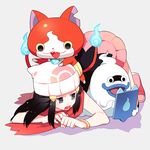  beanie black_hair blue_lips boots cat commentary ghost gum_(gmng) hair_ornament hairclip haramaki hat hikari_(pokemon) jibanyan multiple_tails notched_ear pokemon red_scarf scarf skirt tablet_pc tail two_tails whisper_(youkai_watch) youkai youkai_pad youkai_watch 