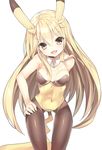  animal_ears blonde_hair brown_eyes detached_collar gen_1_pokemon kuro_guren leotard long_hair pantyhose personification pikachu playboy_bunny_leotard pokemon solo tail thigh_gap yellow_leotard 