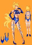  alternate_costume animal_ears ass ass_visible_through_thighs back bare_shoulders belt blonde_hair blue_gloves blue_leotard breasts elbow_gloves fox_ears fox_tail gloves hand_on_hip high_heels highres large_breasts leg_belt leotard looking_at_viewer midriff multiple_belts multiple_tails nyuu_(manekin-eko) short_hair skindentation solo tail touhou underboob yakumo_ran yellow_eyes 