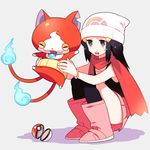 beanie black_hair boots cat commentary fire full_body gum_(gmng) hair_ornament hairclip haramaki hat hikari_(pokemon) jibanyan multiple_tails notched_ear open_poke_ball pink_footwear poke_ball poke_ball_(generic) pokemon red_scarf scarf skirt tail tail-tip_fire two_tails youkai youkai_watch 