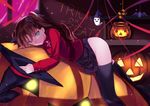  ass black_hair black_legwear blue_eyes fate/stay_night fate_(series) hair_ribbon halloween hat hat_removed headwear_removed highres jack-o'-lantern kouzuki_hajime long_hair looking_at_viewer lying on_stomach pumpkin ribbon solo thighhighs toosaka_rin two_side_up witch_hat 