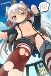  amatsukaze_(kantai_collection) black_panties blonde_hair blue_sky blush breasts cameltoe clenched_hand cloud day from_below garter_straps hairband highres kantai_collection long_hair long_sleeves looking_at_viewer looking_down multiple_girls navel outline panties red_legwear shimakaze_(kantai_collection) side-tie_panties silver_hair sky small_breasts solo_focus speech_bubble spoken_blush striped striped_legwear sweat thighhighs torn_clothes torn_legwear twitter_username two_side_up underboob underwear yamacchi yellow_eyes 