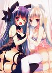  :o ;d absurdres animal_ear_fluff animal_ears ass babydoll bare_shoulders between_legs black_legwear black_panties blue_hair blush bow breasts bunny_ears butt_crack choker cleavage collarbone fang fox_ears frills garter_straps hair_bow hair_ribbon highres holding_hands lingerie long_hair looking_at_viewer lowleg lying medium_breasts multiple_girls on_bed on_side one_eye_closed ooji_cha open_mouth original oziko_(ooji_cha) p19 panties panty_pull red_eyes ribbon sample smile take_your_pick text_focus thighhighs underwear white_hair white_legwear white_panties 
