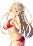  amagi_brilliant_park ass bikini blush breasts brown_eyes butt_crack cleavage hair_ribbon highres large_breasts long_hair looking_at_viewer looking_back o-ring o-ring_bottom red_bikini ribbon sento_isuzu silver_hair skindentation solo swimsuit very_long_hair white_background yellow_eyes zukky 