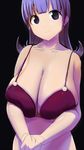  bare_shoulders black_background breasts cleavage huge_breasts looking_at_viewer namamo_(kura) original purple_eyes purple_hair sagging_breasts simple_background smile solo 