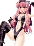  alternate_costume anger_vein arm_up bad_id bad_pixiv_id bare_shoulders black_gloves black_legwear blush boots bow breasts cat_o'_nine_tails collar dominatrix gloves hair_bow hand_on_hip highleg highleg_leotard highres leotard long_hair louise_francoise_le_blanc_de_la_valliere navel older pink_eyes pink_hair sen_(sansui) small_breasts solo sweatdrop thigh_boots thighhighs whip white_background zero_no_tsukaima 