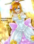  alternate_costume arms_behind_back azure_luna bare_shoulders blue_eyes blush character_name dress happy_birthday highres kousaka_honoka looking_at_viewer love_live! love_live!_school_idol_project love_wing_bell open_mouth orange_hair short_hair smile solo 