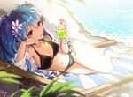  barefoot beach beach_chair bikini black_bikini blue_hair breasts chair cleavage day drink flower grass hair_flower hair_ornament long_hair looking_at_viewer luthica_preventer medium_breasts navel outdoors parted_lips reclining red_eyes sand saya_(mychristian2) solo starfish swimsuit sword_girls tropical_drink twintails water water_drop wet 