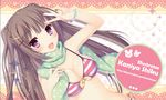  :d bikini breasts brown_hair cleavage green_scarf hair_ornament hairclip kaniya_shiku long_hair looking_at_viewer medium_breasts open_mouth original polka_dot polka_dot_scarf purple_eyes scarf smile solo striped striped_bikini swimsuit two_side_up v 