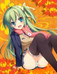  :d aqua_eyes black_legwear green_hair highres kaniya_shiku long_hair looking_at_viewer one_side_up open_mouth original panties pantyshot pantyshot_(sitting) scarf school_uniform sitting smile solo striped striped_panties thighhighs underwear 