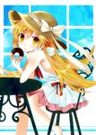  blonde_hair chair doughnut dress food hat long_hair mameguri monogatari_(series) oshino_shinobu solo sun_hat table yellow_eyes 