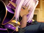  1girl andou_tomoya armor blush breasts censored dark_skin elf fellatio game_cg highres himekishi_olivia inoino large_breasts long_hair looking_down lying nakano_sora oral penis pointy_ears ponytail purple_hair red_eyes teresa_keltula 