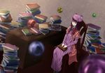  bad_id bad_pixiv_id book book_stack bow bowtie capelet chair crescent crescent_hair_ornament dress hair_bow hair_ornament hair_ribbon hat hat_bow highres indoors long_hair long_sleeves looking_at_viewer mob_cap patchouli_knowledge purple_dress purple_eyes purple_hair ribbon robe sakkun2014 sitting solo striped striped_dress table touhou tress_ribbon 