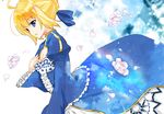  ahoge artoria_pendragon_(all) bad_id bad_pixiv_id blonde_hair blue_eyes dress fate/stay_night fate_(series) hair_ribbon hand_on_own_chest petals ribbon saber solo yazawan 