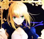  ahoge artoria_pendragon_(all) blonde_hair cleavage_cutout fate/stay_night fate_(series) green_eyes hair_ribbon looking_at_viewer md5_mismatch outstretched_hand ribbon saber short_hair sidelocks solo tsukimori_usako upper_body 