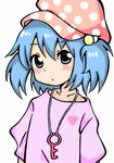  alternate_costume bad_id bad_pixiv_id blue_eyes blue_hair blush blush_stickers collarbone hair_bobbles hair_ornament hat heart jewelry kawashiro_nitori key key_necklace looking_at_viewer meme-tan_(bana_nan26) necklace pink_shirt polka_dot shirt short_sleeves simple_background solo touhou two_side_up upper_body white_background 