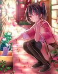  azure_(capriccio) bag black_hair blurry box cardboard_box casual cat depth_of_field hair_ornament hairclip handbag in_box in_container looking_at_viewer love_live! love_live!_school_idol_project red_eyes solo squatting yazawa_nico 