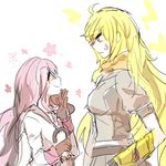  2girls angry blonde_hair gloves height_difference long_hair multiple_girls neo_(rwby) rwby smile umbrella yang_xiao_long 