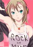  arm_up armpits bare_shoulders blush breasts brown_hair clothes_writing green_eyes headphones idolmaster idolmaster_cinderella_girls jewelry medium_breasts necklace open_mouth rei_oe short_hair solo sweat tada_riina tank_top 