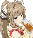  amagi_brilliant_park antenna_hair blush bow brown_eyes brown_hair cup drink drinking hair_bow ice ice_cube long_hair ponytail sento_isuzu solo umanosuke upper_body white_background 