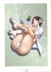  1girl absurdres apple ass bangs black_eyes black_hair breasts cameltoe clover empress_(studio) facial_mark feet food four-leaf_clover fruit headphones highres large_breasts legs legs_up lewdness looking_at_viewer nishina_eri no_bra no_shoes official_art open_clothes open_shirt panties sei_shoujo serious shirt short_hair simple_background socks solo thighs toes underwear 