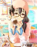  artist_request black_bow black_hair bow chair food fujiwara_hajime fur_hat glass glasses hair_bow hat holding ice_cream idolmaster idolmaster_cinderella_girls jewelry long_hair looking_at_viewer necklace official_art purple_eyes restaurant sitting smile solo sundae table upper_body wafer_stick woollen_cap 