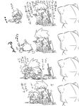  &gt;_&lt; 2girls :&gt; ahoge blazblue cape chibi closed_eyes comic doll eyepatch greyscale jin_(mugenjin) monochrome multiple_girls nu-13 ragna_the_bloodedge taokaka translation_request tripping 