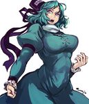  aqua_dress aqua_eyes aqua_hair breasts dress hat hat_ribbon juliet_sleeves large_breasts long_sleeves looking_at_viewer open_mouth puffy_sleeves ribbon soga_no_tojiko solo terrajin touhou uneven_eyes 