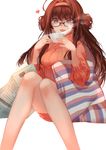  ahoge alternate_costume bespectacled blue_eyes blush cup double_bun glasses hairband heart highres joseph_lee kantai_collection kongou_(kantai_collection) long_hair looking_at_viewer newspaper open_mouth pillow ribbed_sweater solo sweater teacup white_background 