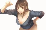  adameee bad_id bad_pixiv_id bent_over breasts brown_eyes brown_hair cleavage collarbone downblouse hand_on_hip large_breasts leaning_forward long_hair looking_at_viewer no_pants open_mouth orange_panties original panties solo sweater underwear white_background 
