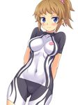  arms_behind_back bad_id bad_nicoseiga_id blue_eyes blush bodysuit breasts brown_hair covered_navel cowboy_shot eeeeee groin gundam gundam_build_fighters gundam_build_fighters_try hoshino_fumina impossible_clothes looking_at_viewer medium_breasts ponytail short_hair smile solo white_background 