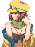  artist_self-insert bare_shoulders boss_(ole_tower) breasts cleavage earrings hat jewelry mataichi_mataro medium_breasts ole_tower pointy_ears scarf short_hair solo 