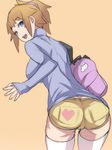  :d alternate_costume ass bag ban blue_eyes breasts brown_hair butt_crack cameltoe gundam gundam_build_fighters gundam_build_fighters_try hoshino_fumina large_breasts long_sleeves looking_at_viewer looking_back open_mouth scrunchie short_hair short_ponytail short_shorts shorts sketch smile solo thighhighs trefoil turtleneck white_legwear yellow_background 