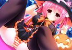  black_legwear breasts halloween hat highres jack-o'-lantern medium_breasts mole mole_under_eye orange_panties original panties pink_hair spread_legs striped striped_panties thighhighs twintails underwear wavy_mouth witch_hat yunagi_amane 