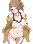  ban bike_shorts blue_eyes breasts brown_hair censored crotchless_pants gundam gundam_build_fighters gundam_build_fighters_try hoshino_fumina inverted_nipples jacket large_breasts looking_at_viewer midriff navel navel_piercing nippleless_clothes nipples open_clothes open_jacket pasties piercing ponytail pubic_hair pussy_juice solo sports_bra sweat tank_top torn_clothes 