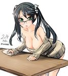 bad_id bad_pixiv_id bare_shoulders black_hair breasts casual cleavage collarbone dated glasses green_eyes hair_ribbon isuzu_(kantai_collection) kantai_collection large_breasts leaning_forward looking_at_viewer nekobaka off_shoulder open_mouth ribbed_sweater ribbon solo sweater table twintails twitter_username 