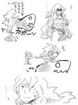  1girl ^_^ ^o^ ahoge azrael_(blazblue) blazblue cape chibi closed_eyes dead_spike eyepatch greyscale jin_(mugenjin) long_hair monochrome muscle nu-13 translated 